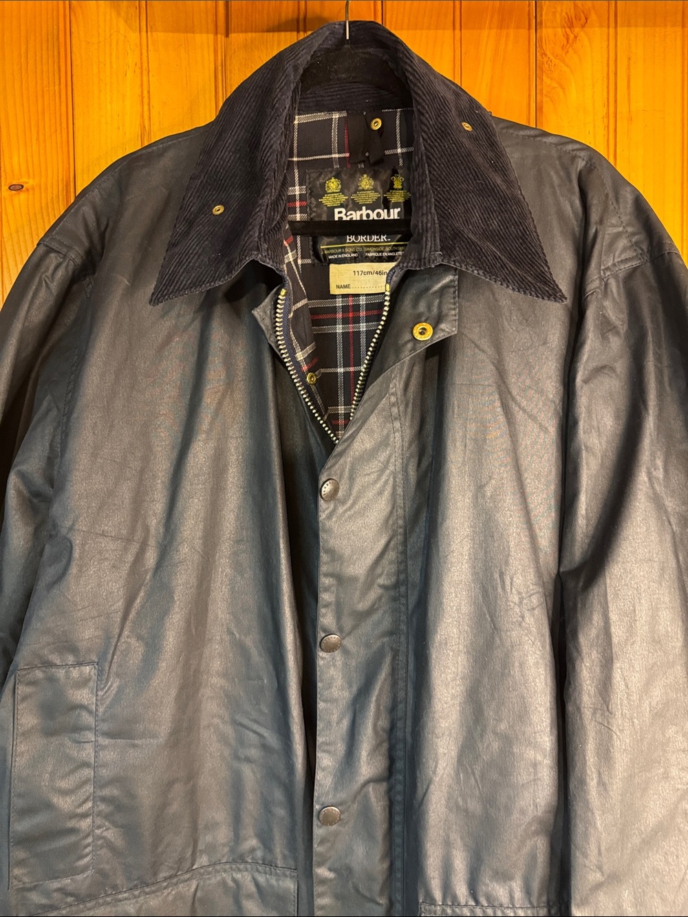 Barbour Border Wax Jacket in Navy with Corduroy Collar and Plaid Lining - Picture 5 of 16
